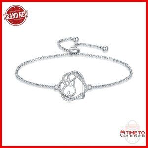 Sterling Silver Double Heart Initial Bracelet Adjustable 9 Inch